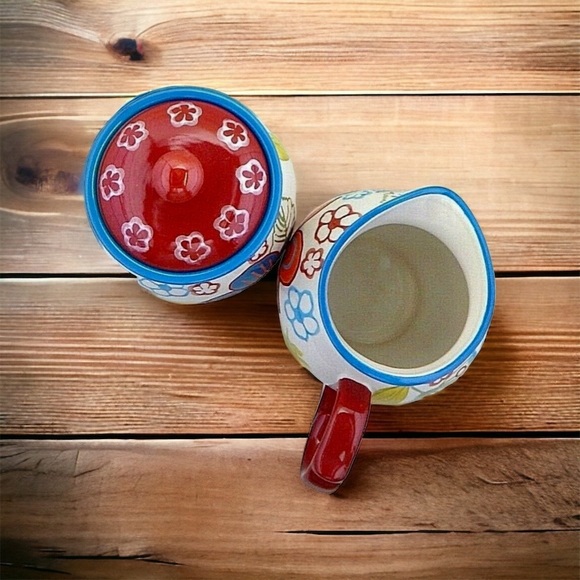 Dutch Wax Coastline Imports Hand Painted Bright Floral Lid Sugar & Creamer Set - Picture 2 of 2